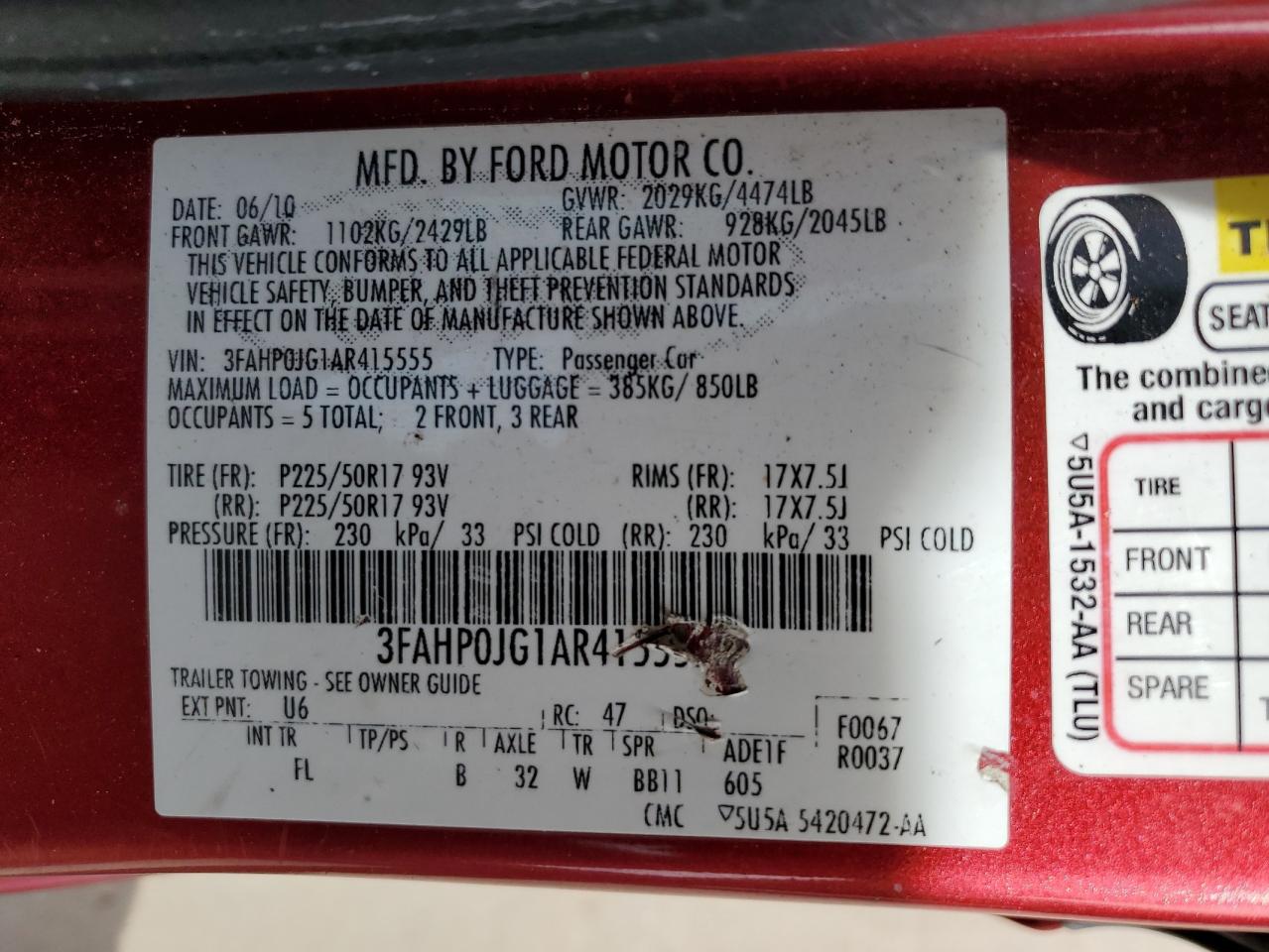 2010 Ford Fusion Sel VIN: 3FAHP0JG1AR415555 Lot: 73215974