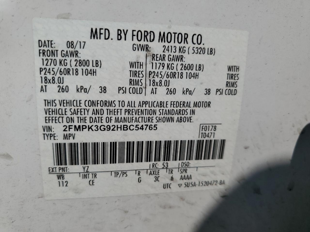 2FMPK3G92HBC54765 2017 Ford Edge Se