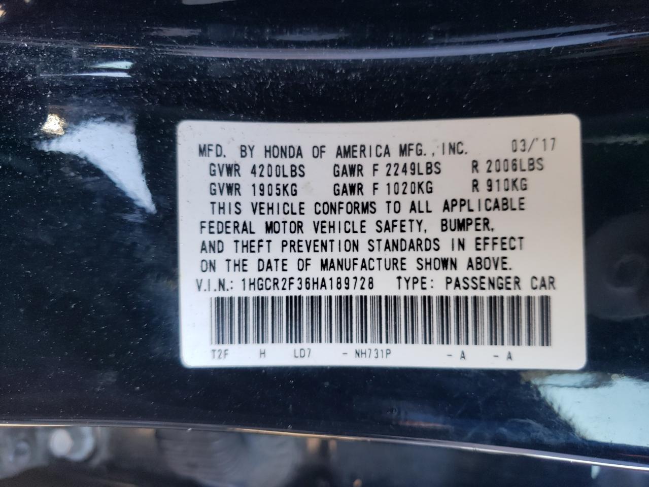 1HGCR2F36HA189728 2017 Honda Accord Lx