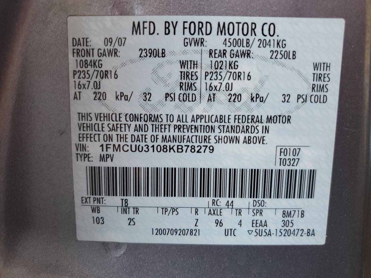 1FMCU03108KB78279 2008 Ford Escape Xlt