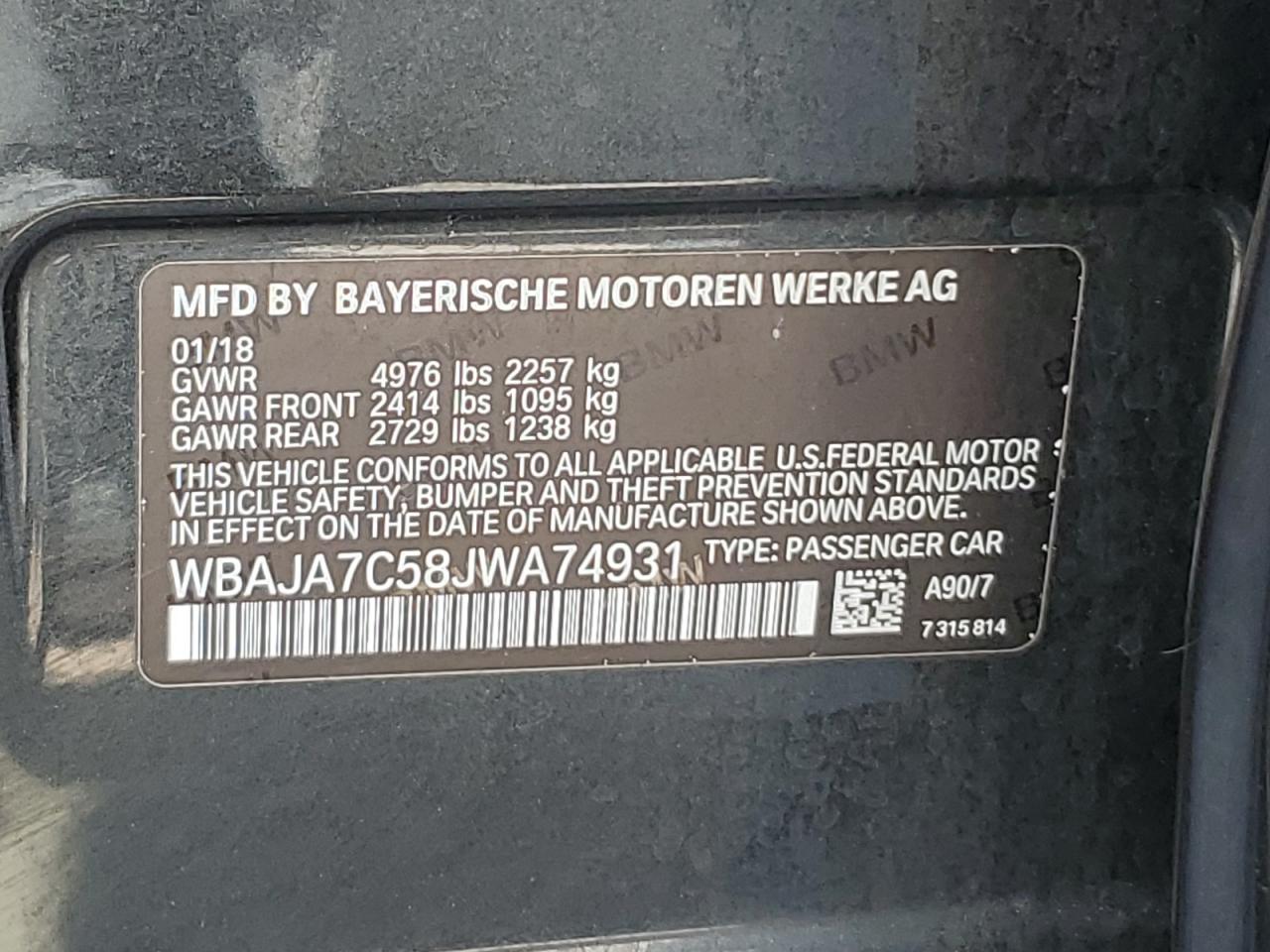 WBAJA7C58JWA74931 2018 BMW 530 Xi