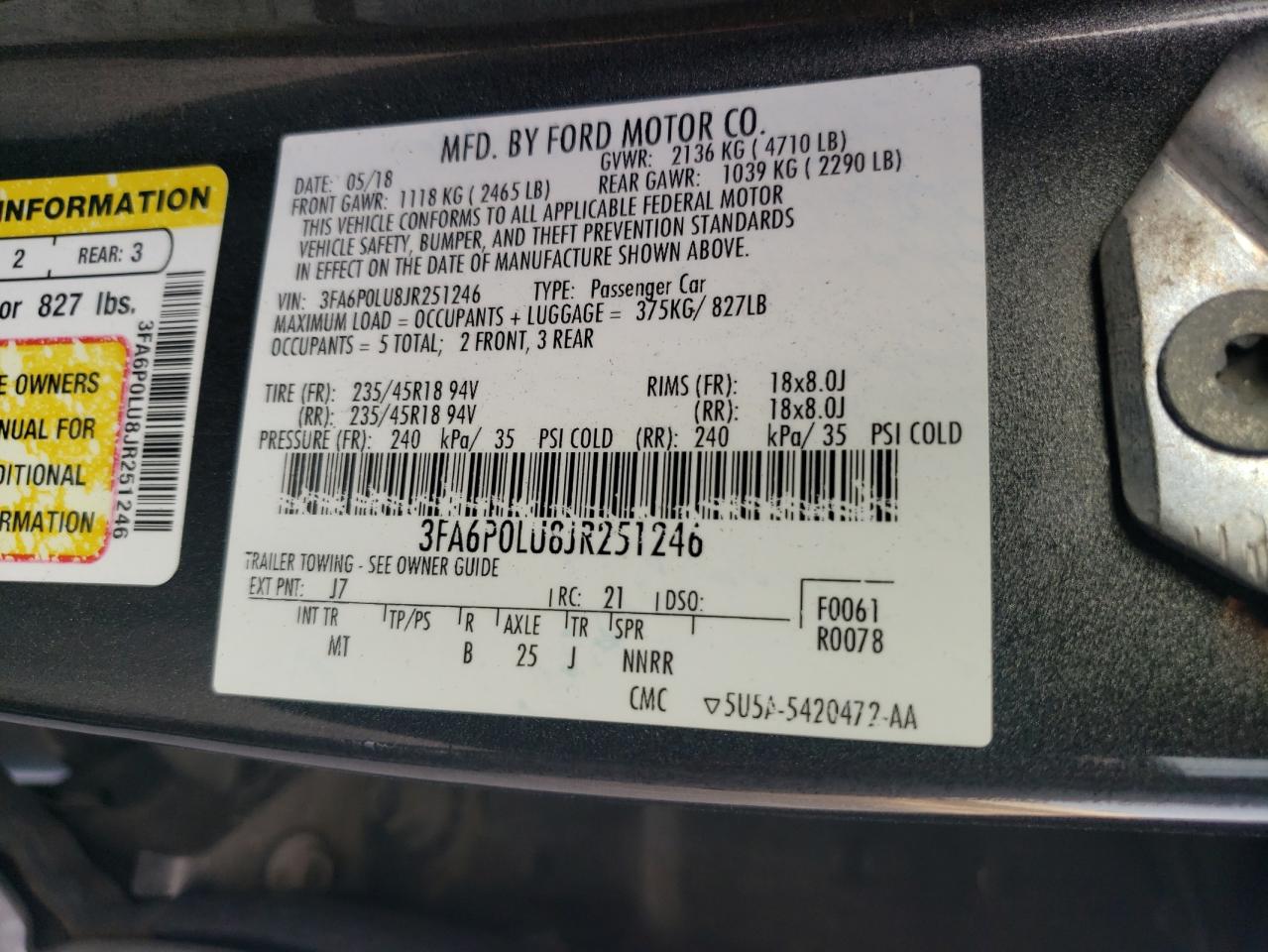 3FA6P0LU8JR251246 2018 Ford Fusion Se Hybrid