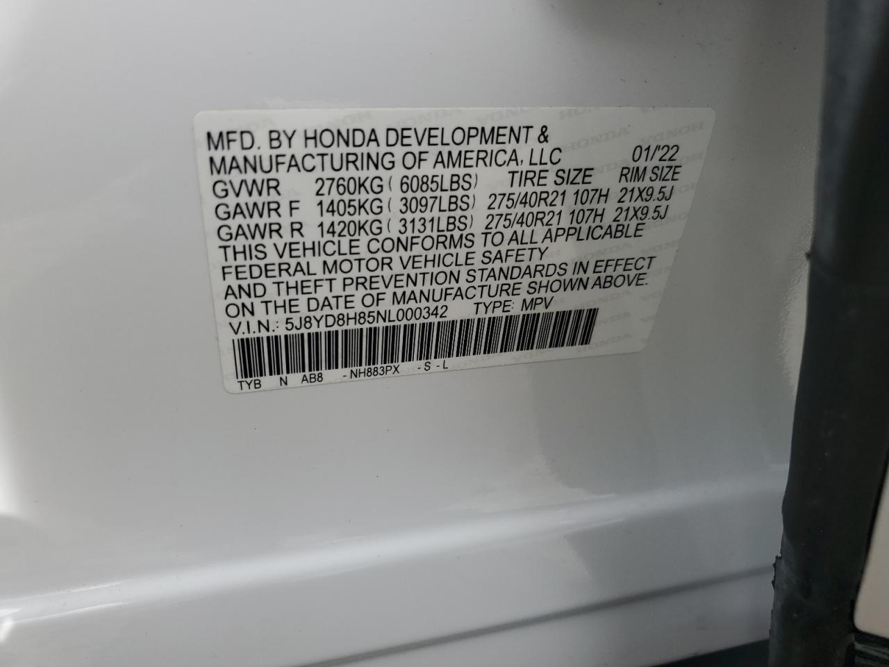 5J8YD8H85NL000342 2022 Acura Mdx Type S Advance