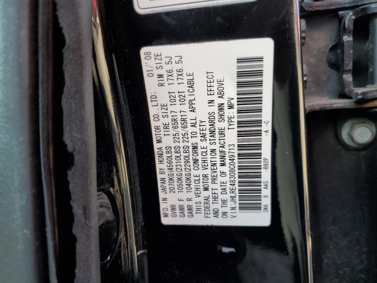 2008 Honda Cr-V Lx VIN: JHLRE48308C049713 Lot: 72960314