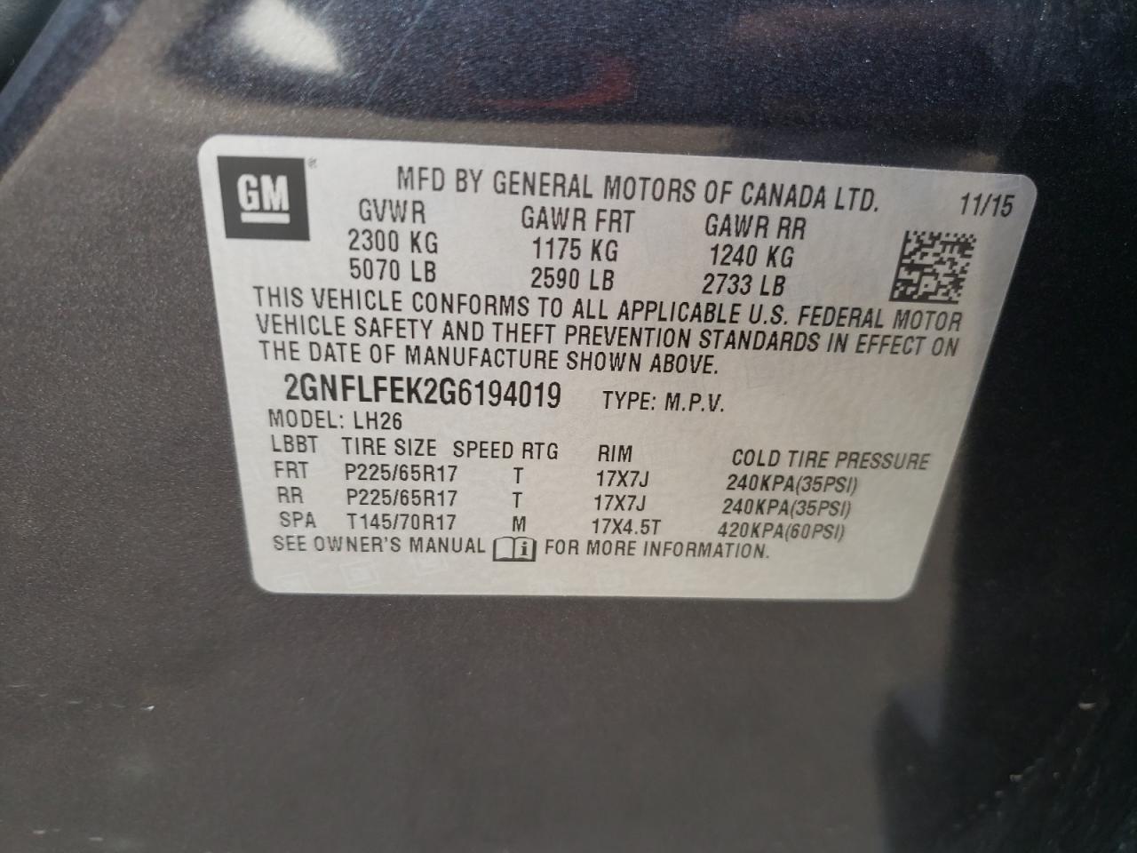 2GNFLFEK2G6194019 2016 Chevrolet Equinox Lt