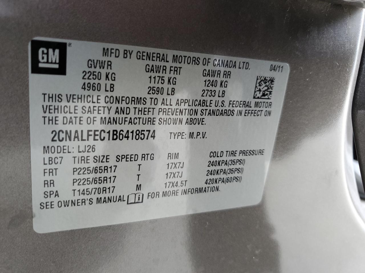 2CNALFEC1B6418574 2011 Chevrolet Equinox Ltz