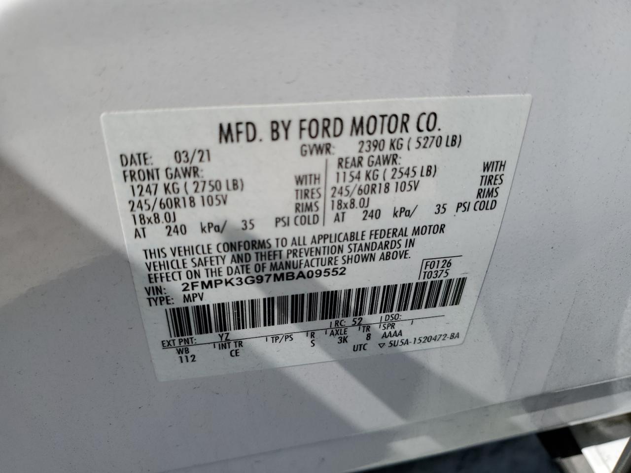 2FMPK3G97MBA09552 2021 Ford Edge Se