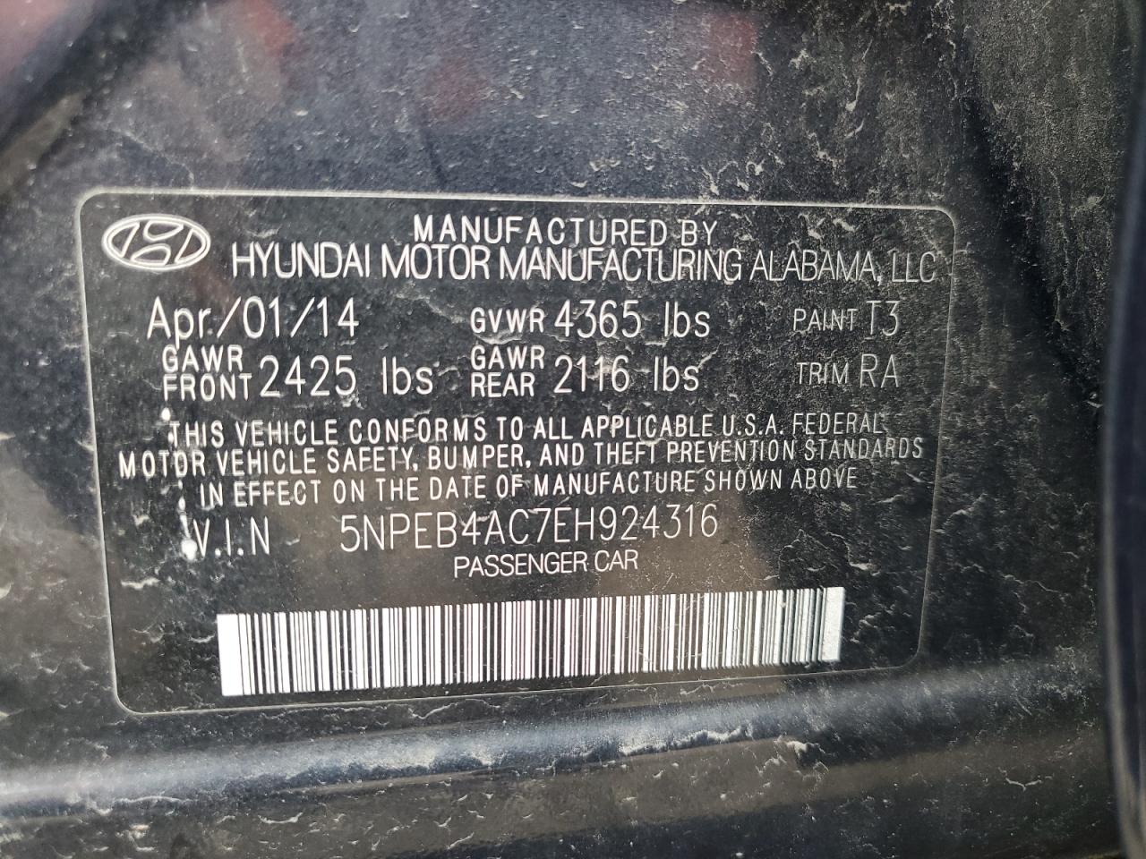 5NPEB4AC7EH924316 2014 Hyundai Sonata Gls