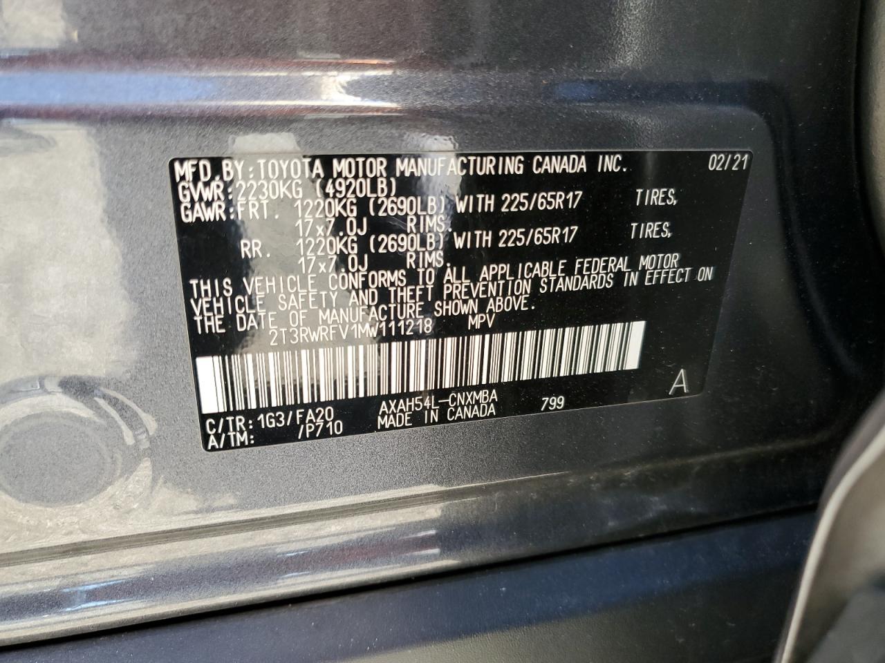 2T3RWRFV1MW111218 2021 Toyota Rav4 Xle