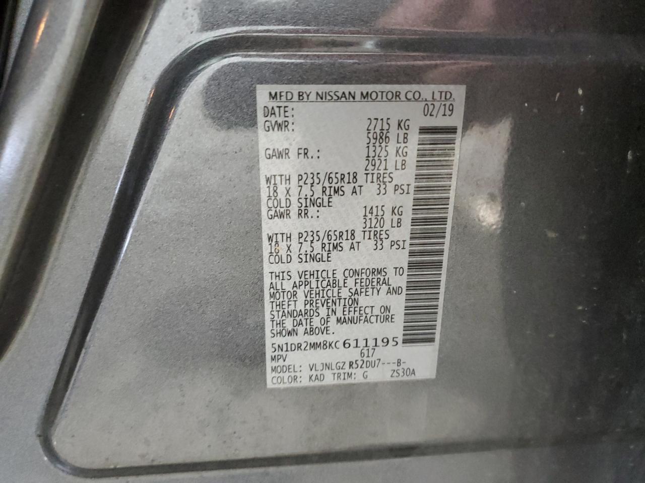 2019 Nissan Pathfinder S VIN: 5N1DR2MM8KC611195 Lot: 72372394