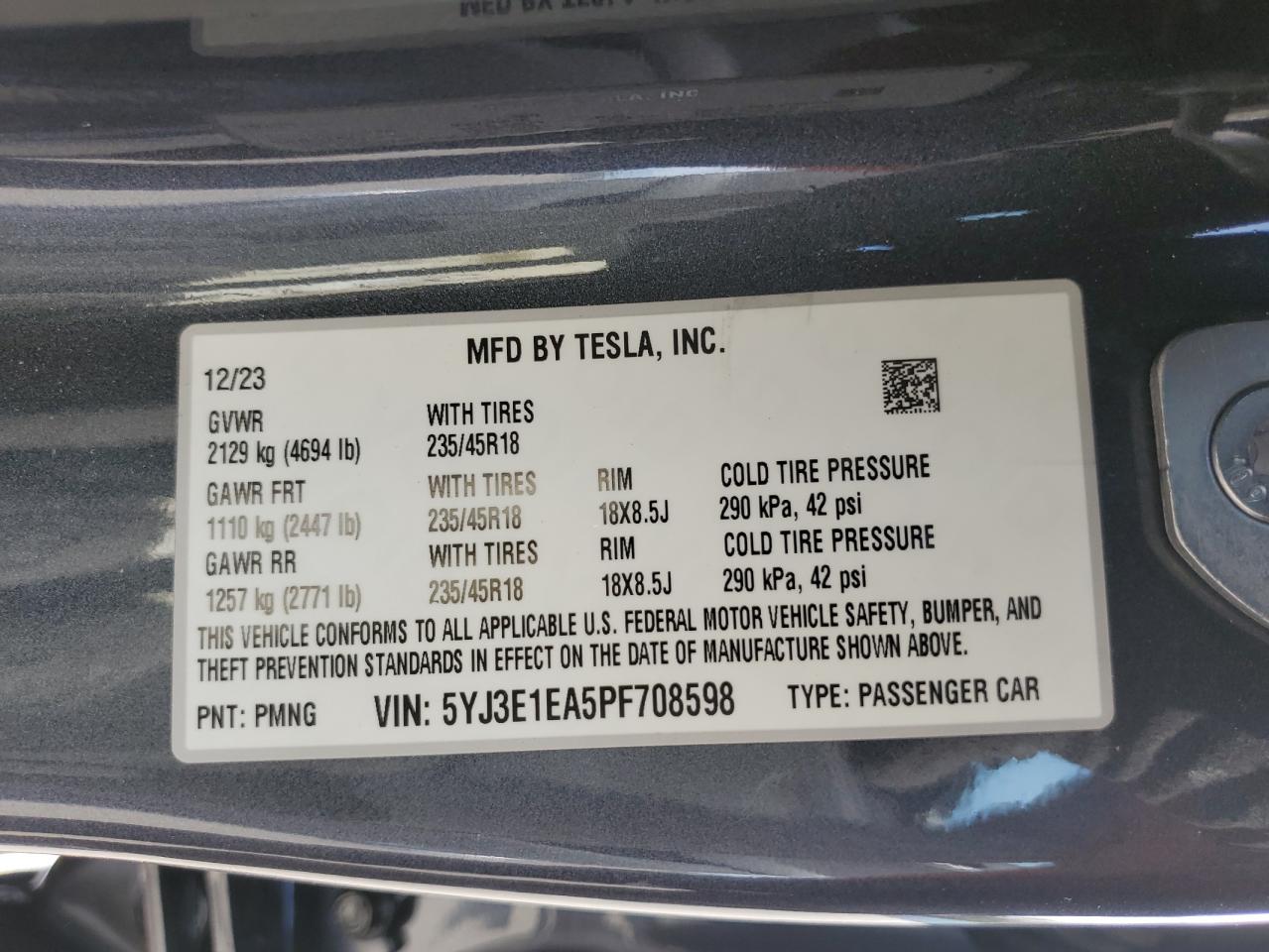 5YJ3E1EA5PF708598 2023 Tesla Model 3