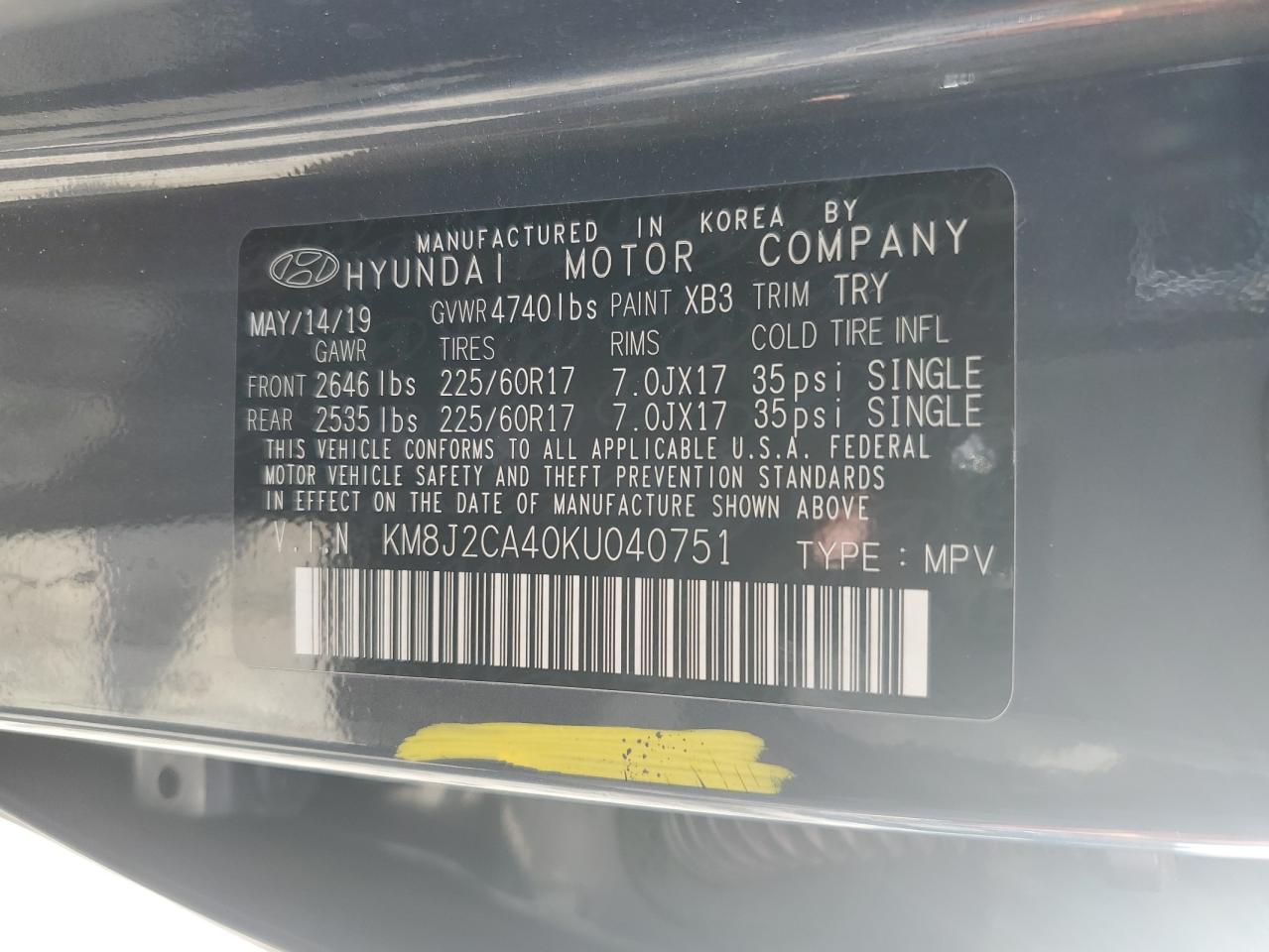 KM8J2CA40KU040751 2019 Hyundai Tucson Se