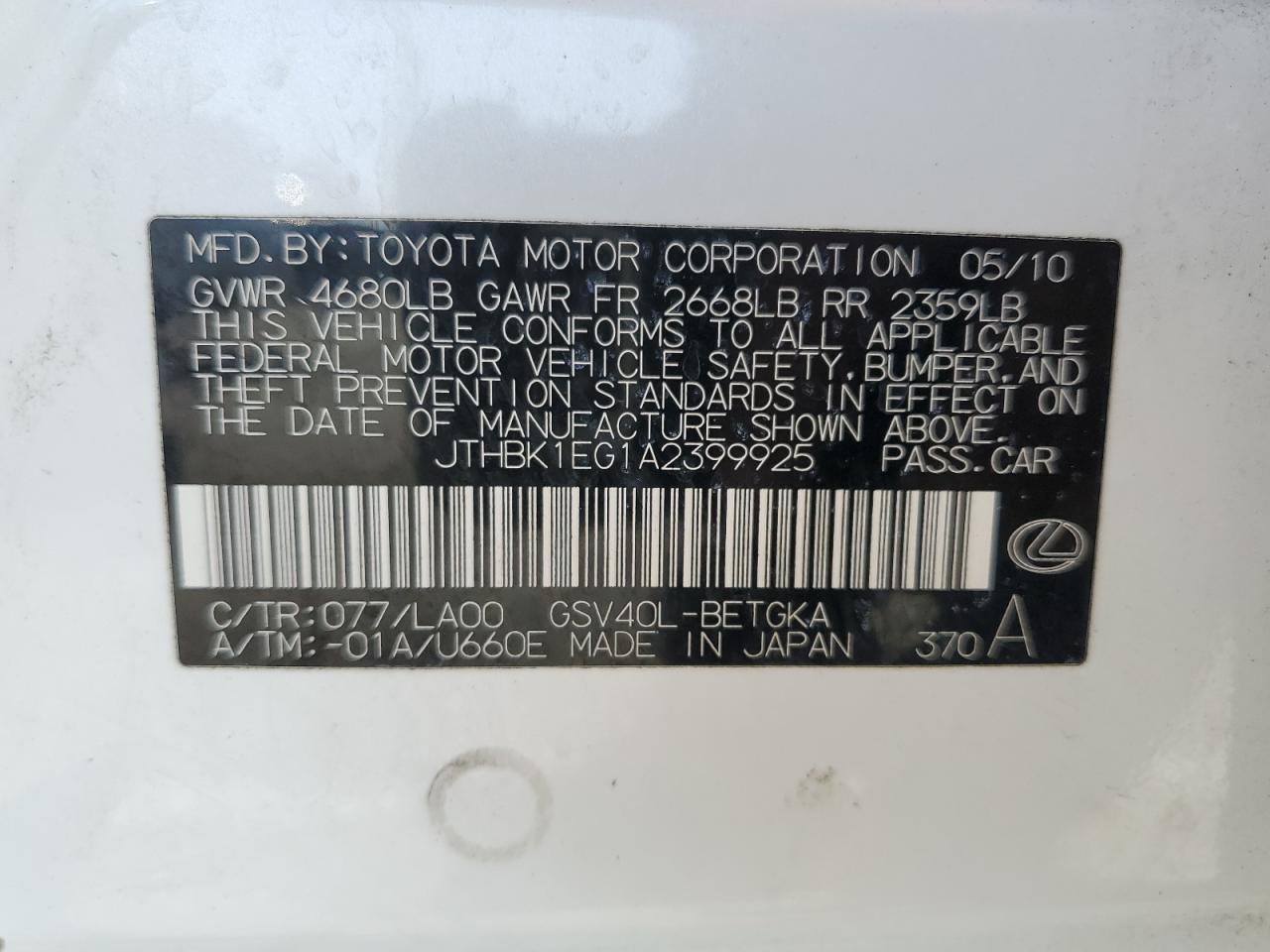 2010 Lexus Es 350 VIN: JTHBK1EG1A2399925 Lot: 73091544