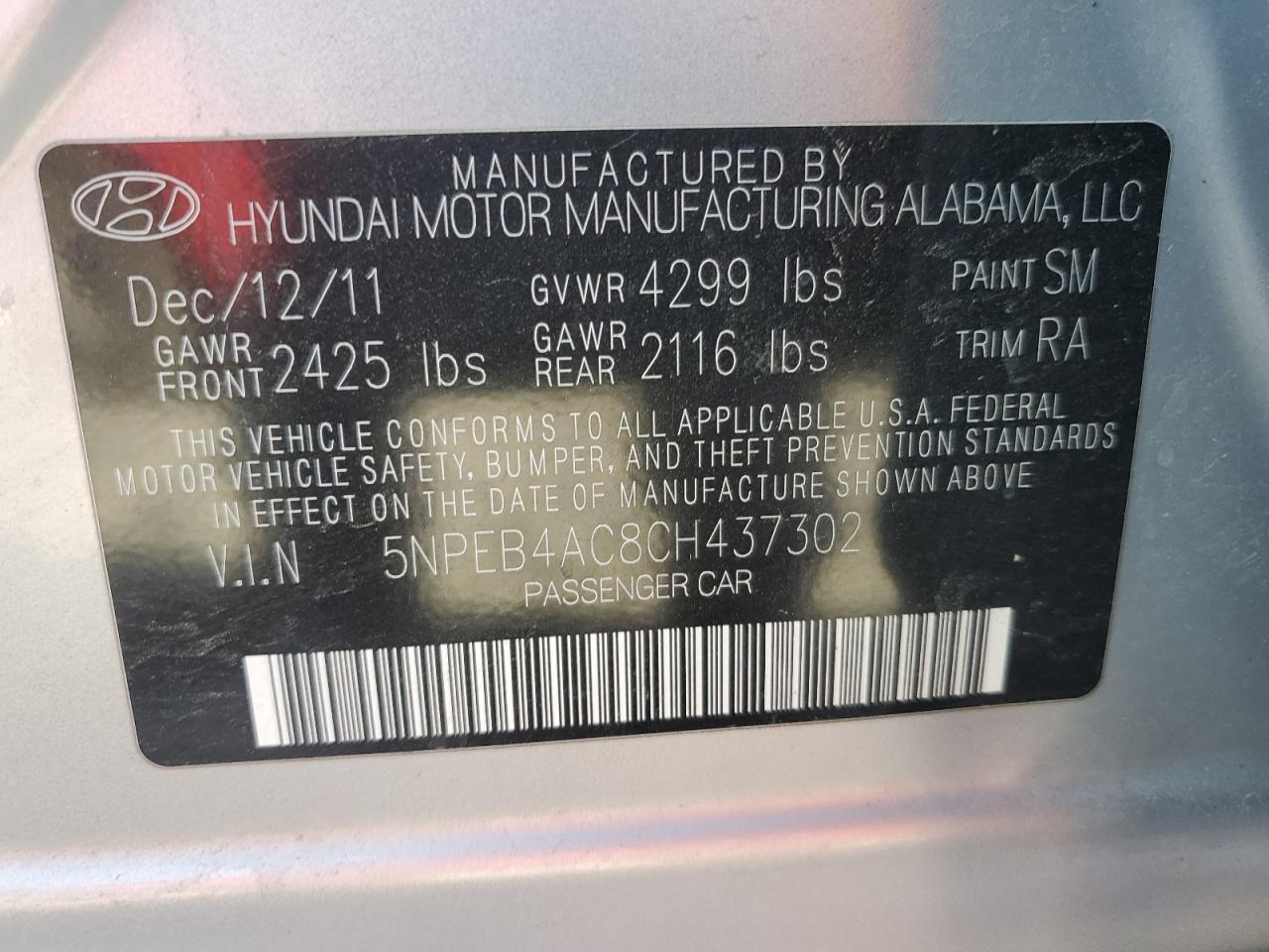 5NPEB4AC8CH437302 2012 Hyundai Sonata Gls