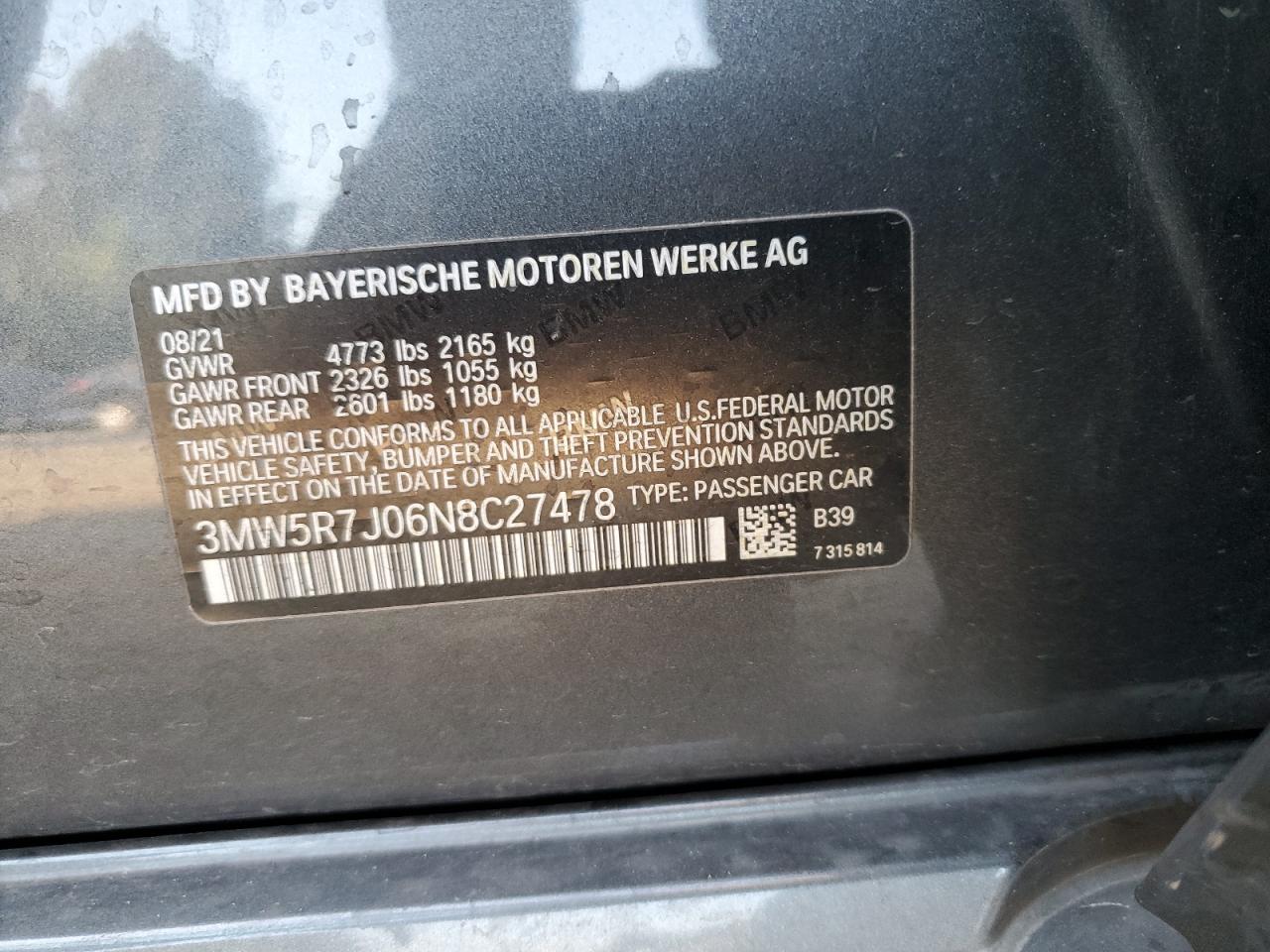 3MW5R7J06N8C27478 2022 BMW 330Xi