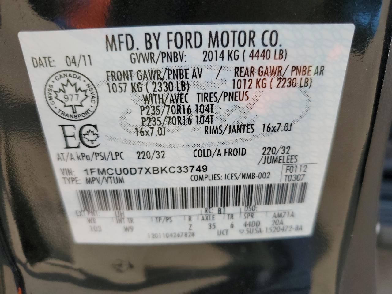 1FMCU0D7XBKC33749 2011 Ford Escape Xlt