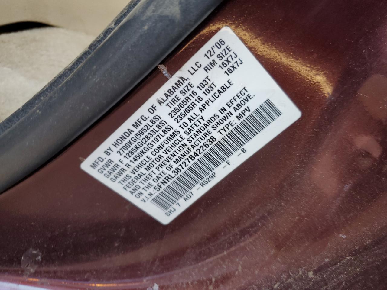 5FNRL38727B422638 2007 Honda Odyssey Exl