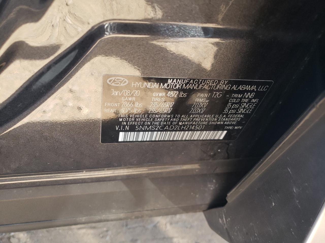 5NMS2CAD2LH214501 2020 Hyundai Santa Fe Se