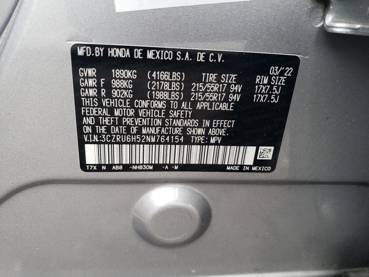 3CZRU6H52NM764154 2022 Honda Hr-V Ex