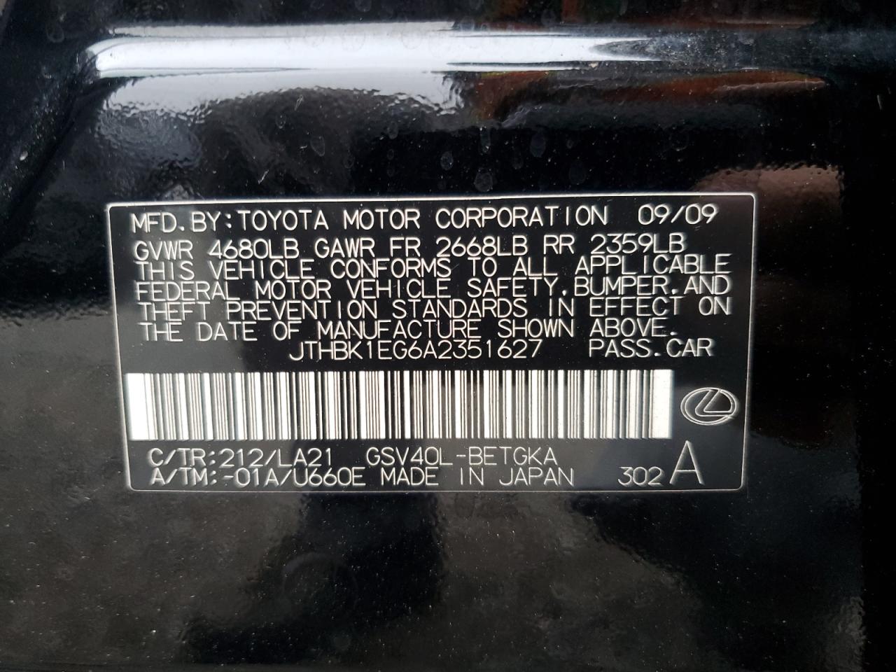 JTHBK1EG6A2351627 2010 Lexus Es 350