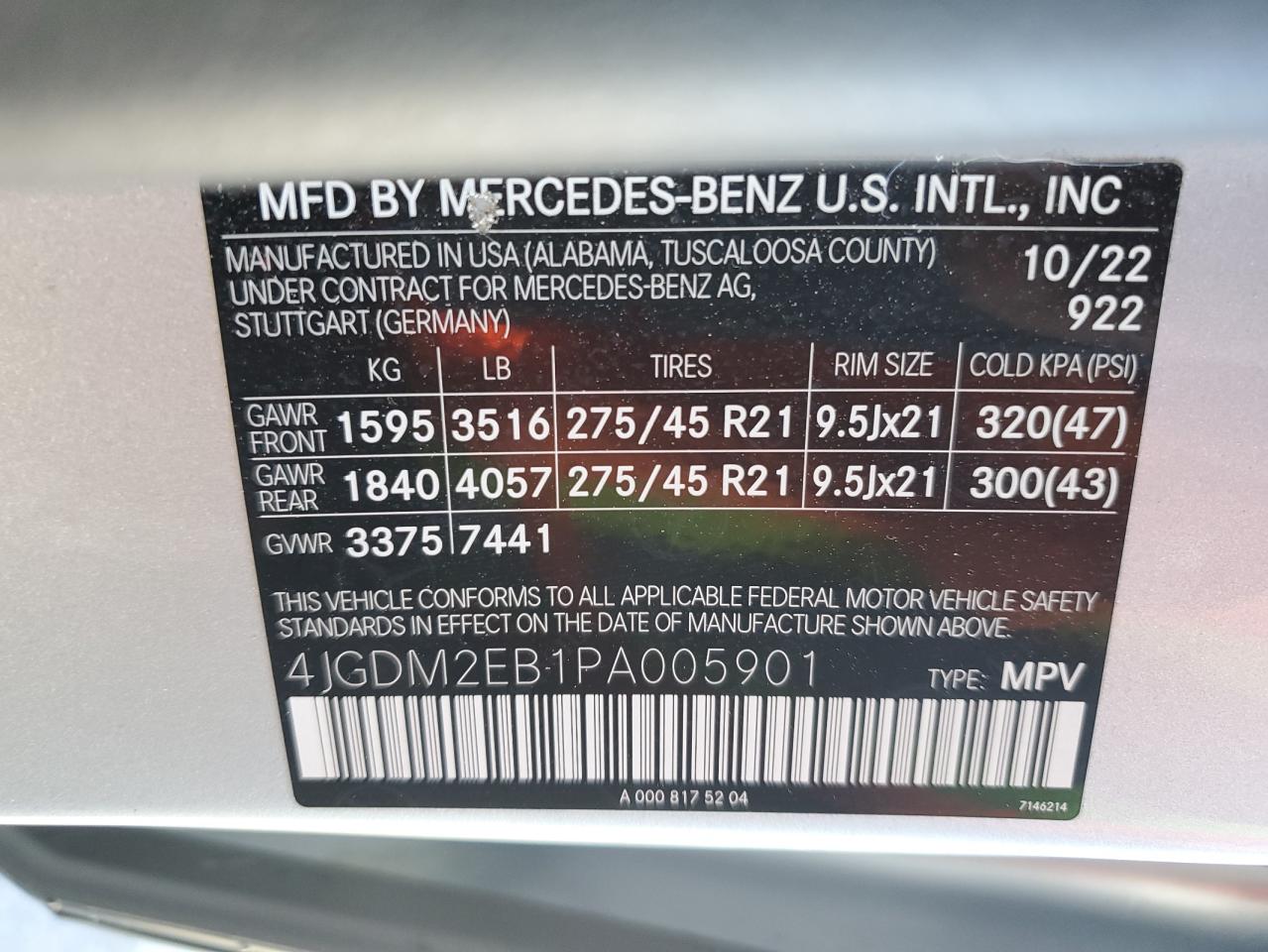 4JGDM2EB1PA005901 2023 Mercedes-Benz Eqs Suv 450 4Matic