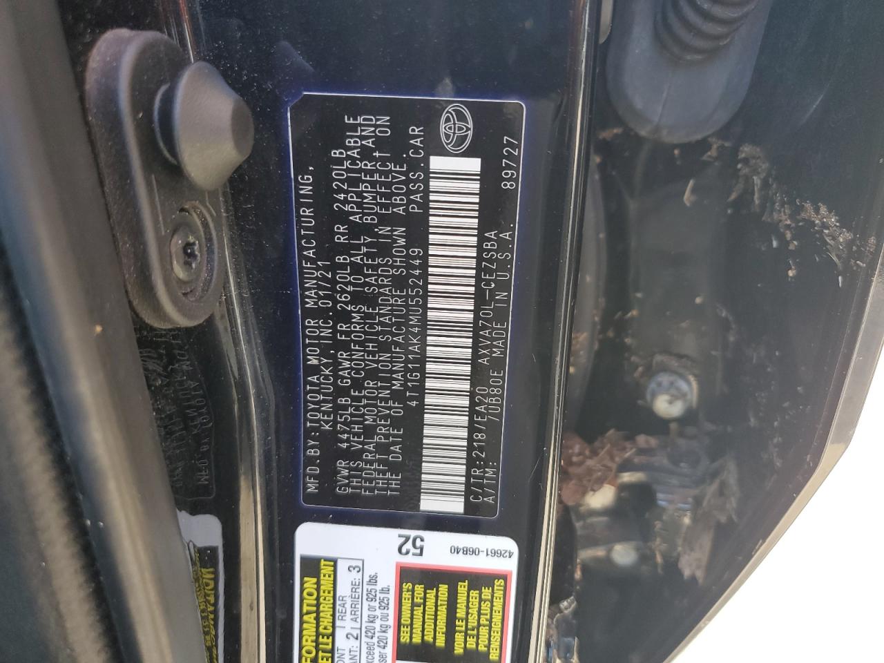 4T1G11AK4MU552449 2021 Toyota Camry Se