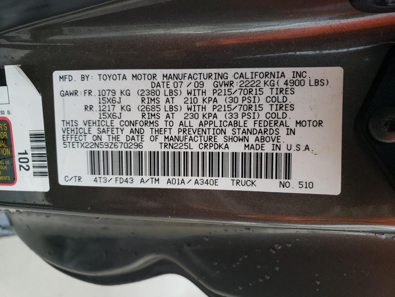 5TETX22N59Z670296 2009 Toyota Tacoma Access Cab