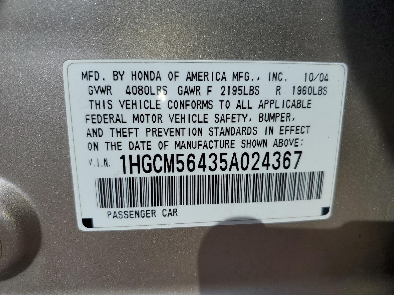 1HGCM56435A024367 2005 Honda Accord Lx