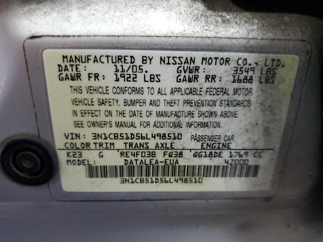 3N1CB51D56L498510 2006 Nissan Sentra 1.8