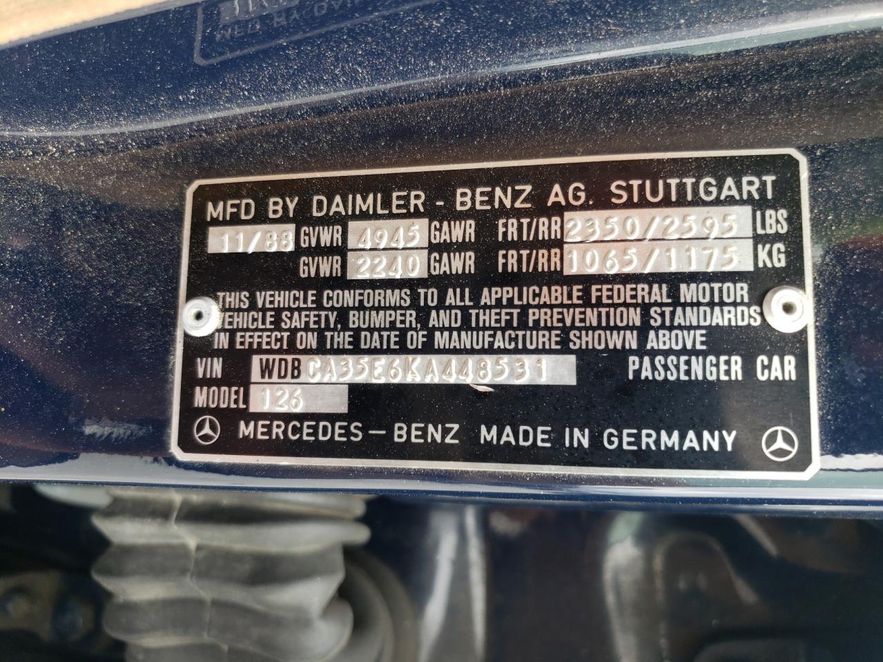 1989 Mercedes-Benz 420 Sel VIN: WDBCA35E6KA448531 Lot: 69797724