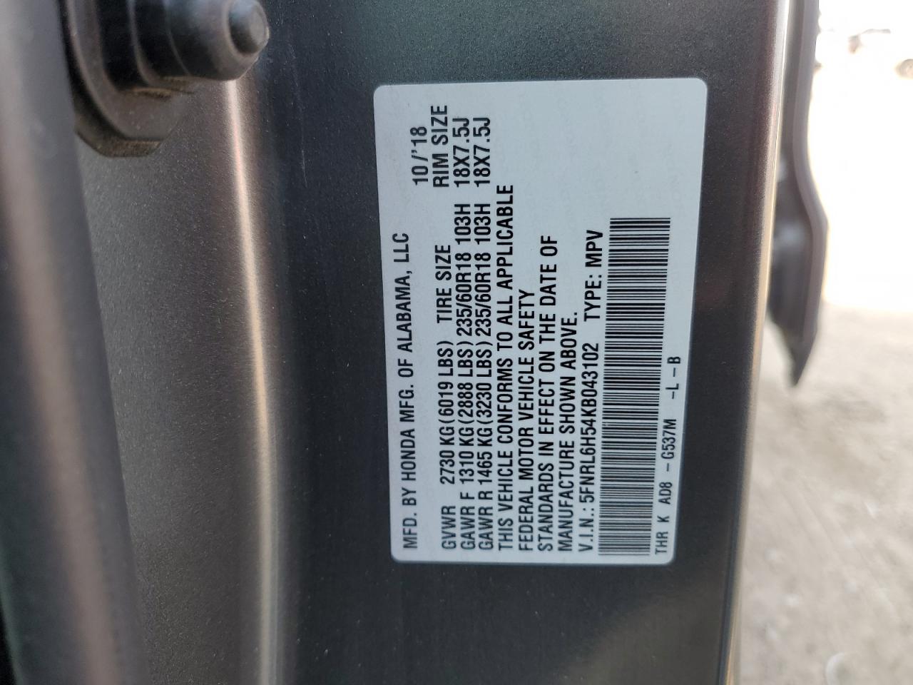 5FNRL6H54KB043102 2019 Honda Odyssey Ex