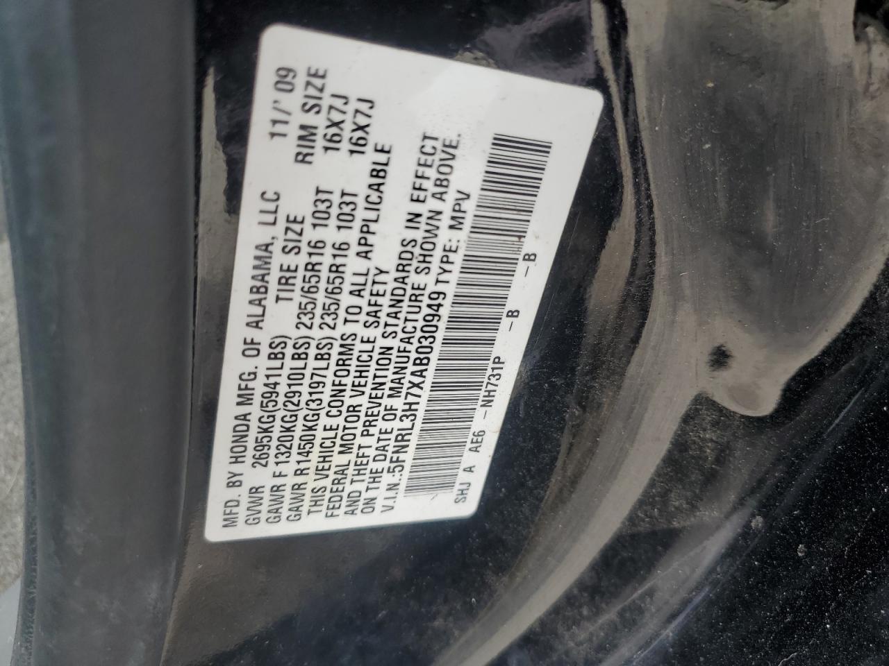 5FNRL3H7XAB030949 2010 Honda Odyssey Exl