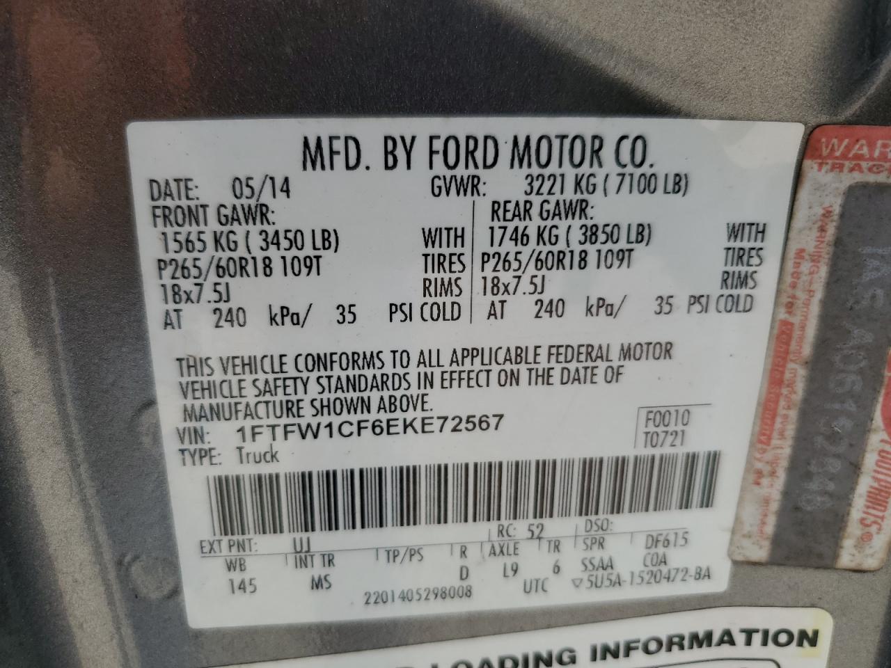 2014 Ford F150 Supercrew VIN: 1FTFW1CF6EKE72567 Lot: 72703674