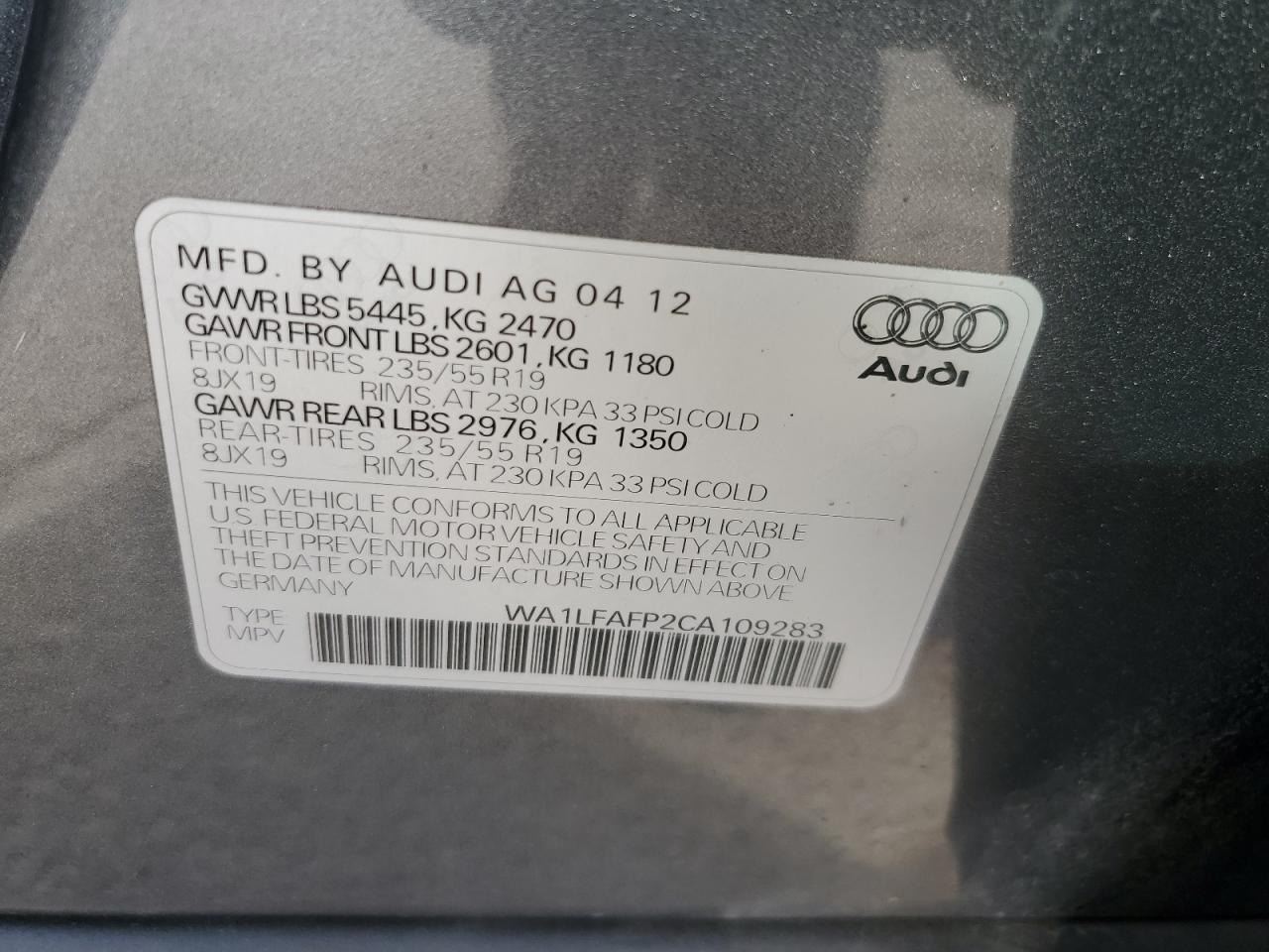 2012 Audi Q5 Premium Plus VIN: WA1LFAFP2CA109283 Lot: 71600004