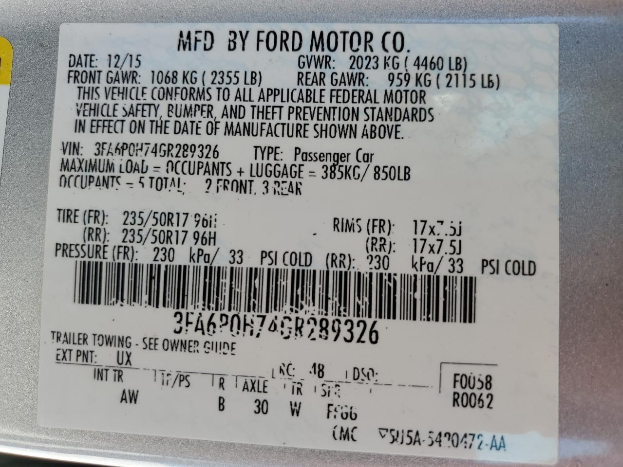 3FA6P0H74GR289326 2016 Ford Fusion Se