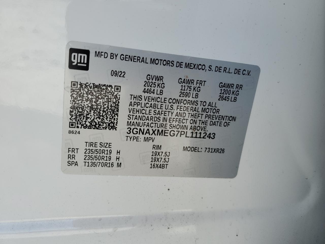 3GNAXMEG7PL111243 2023 Chevrolet Equinox Rs