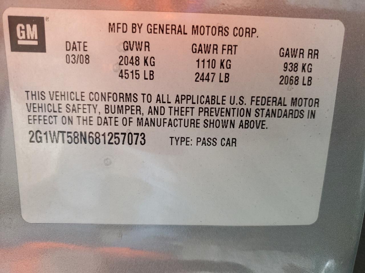 2G1WT58N681257073 2008 Chevrolet Impala Lt