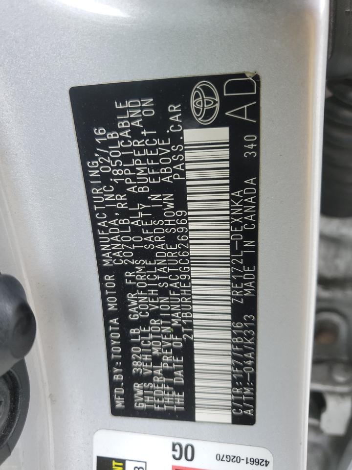 2016 Toyota Corolla L VIN: 2T1BURHE9GC626969 Lot: 72265064