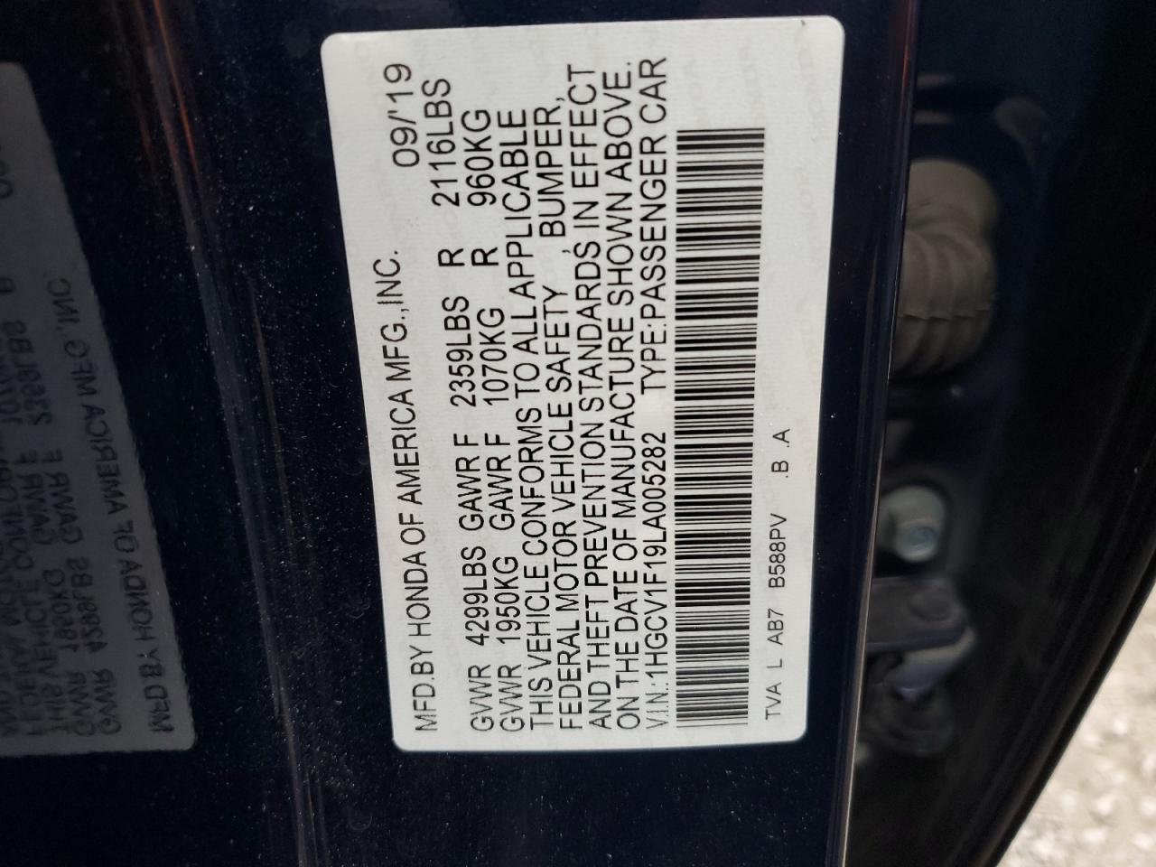 2020 Honda Accord Lx VIN: 1HGCV1F19LA005282 Lot: 71199244