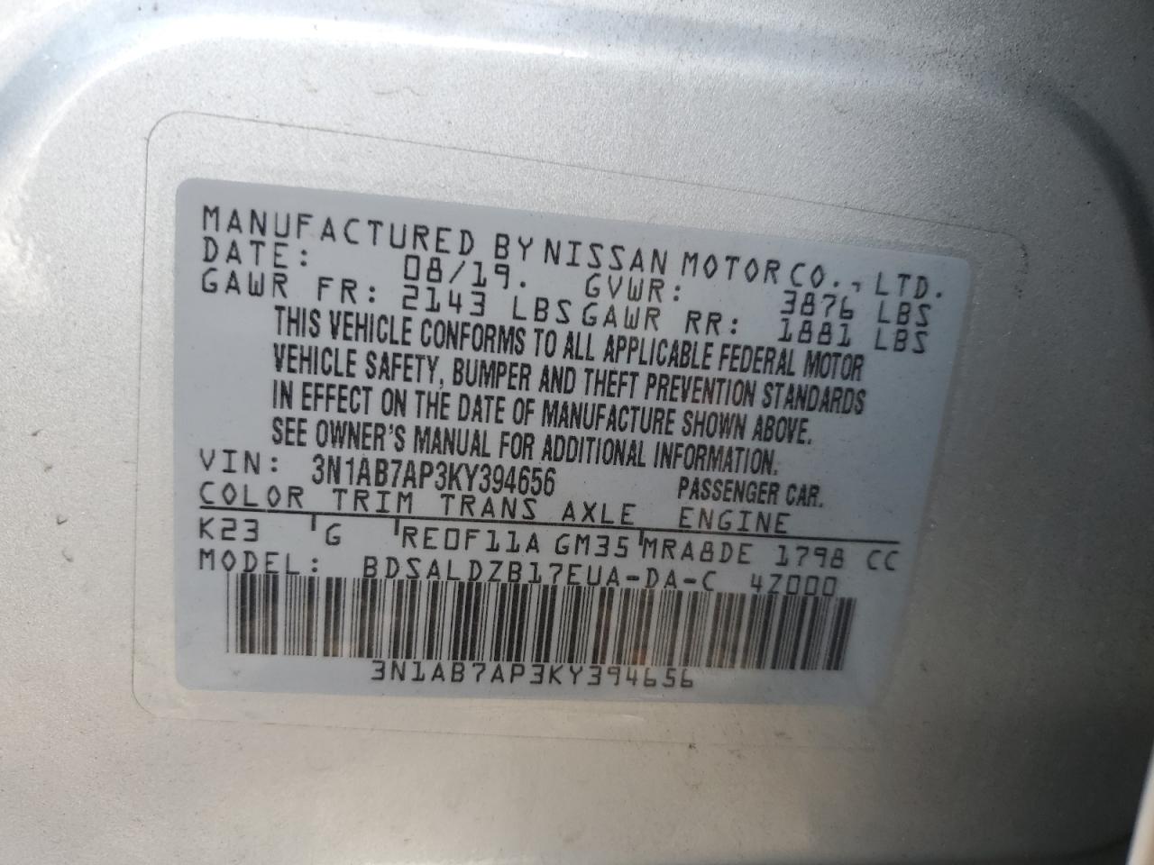 3N1AB7AP3KY394656 2019 Nissan Sentra S