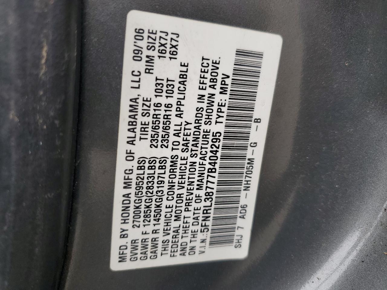 2007 Honda Odyssey Exl VIN: 5FNRL38777B404295 Lot: 73434724