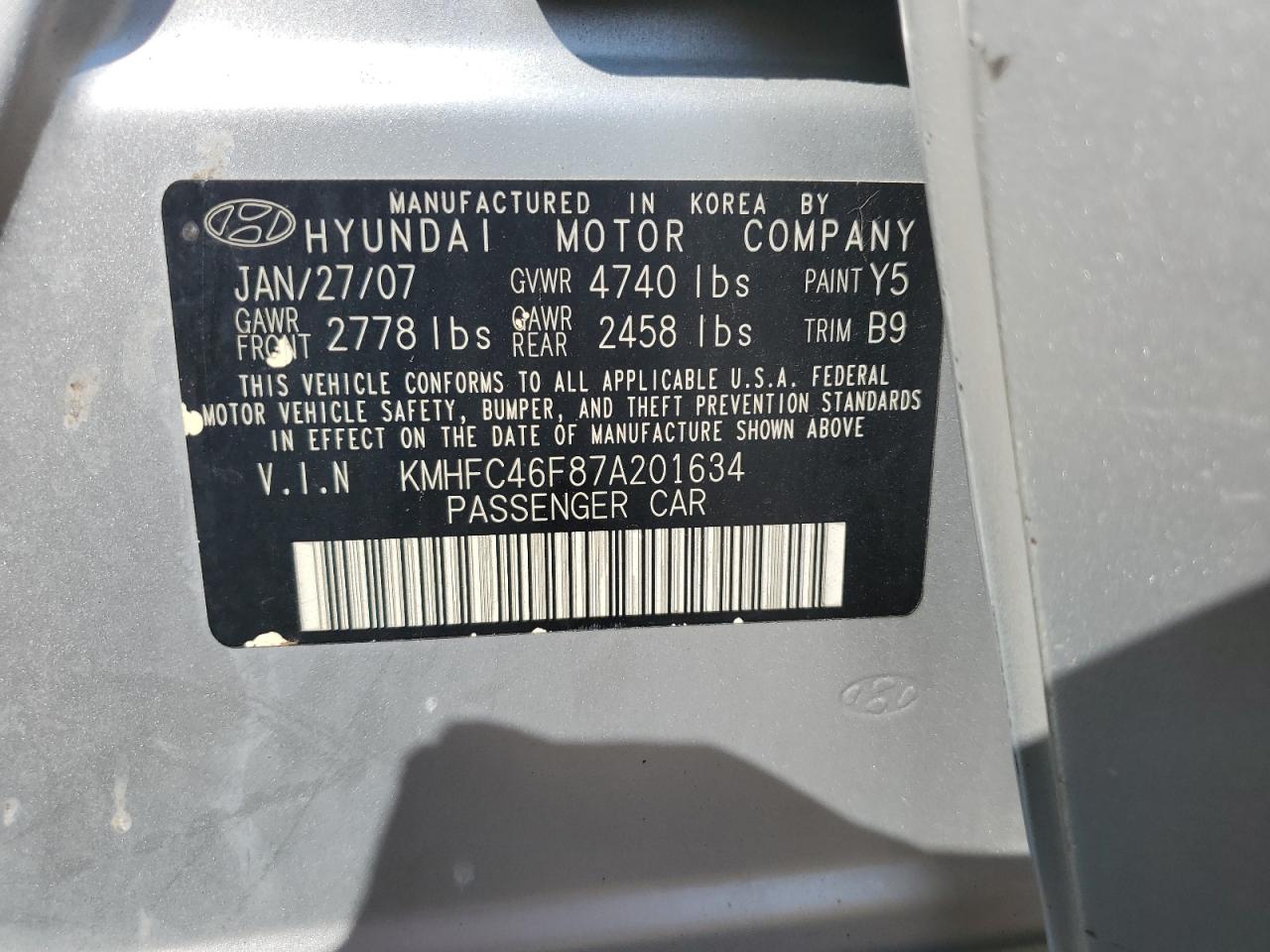 2007 Hyundai Azera Se VIN: KMHFC46F87A201634 Lot: 71625864