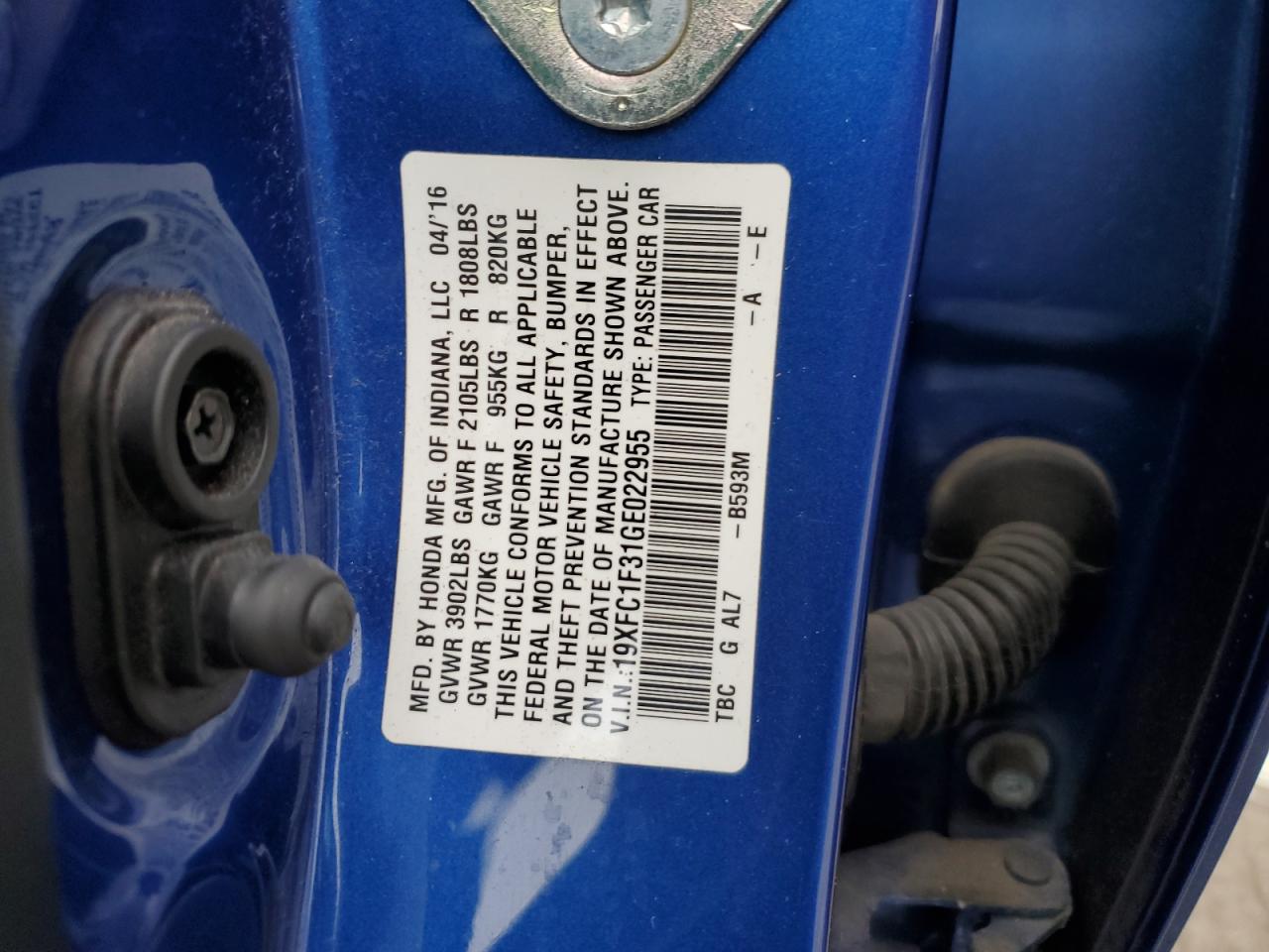 19XFC1F31GE022955 2016 Honda Civic Ex
