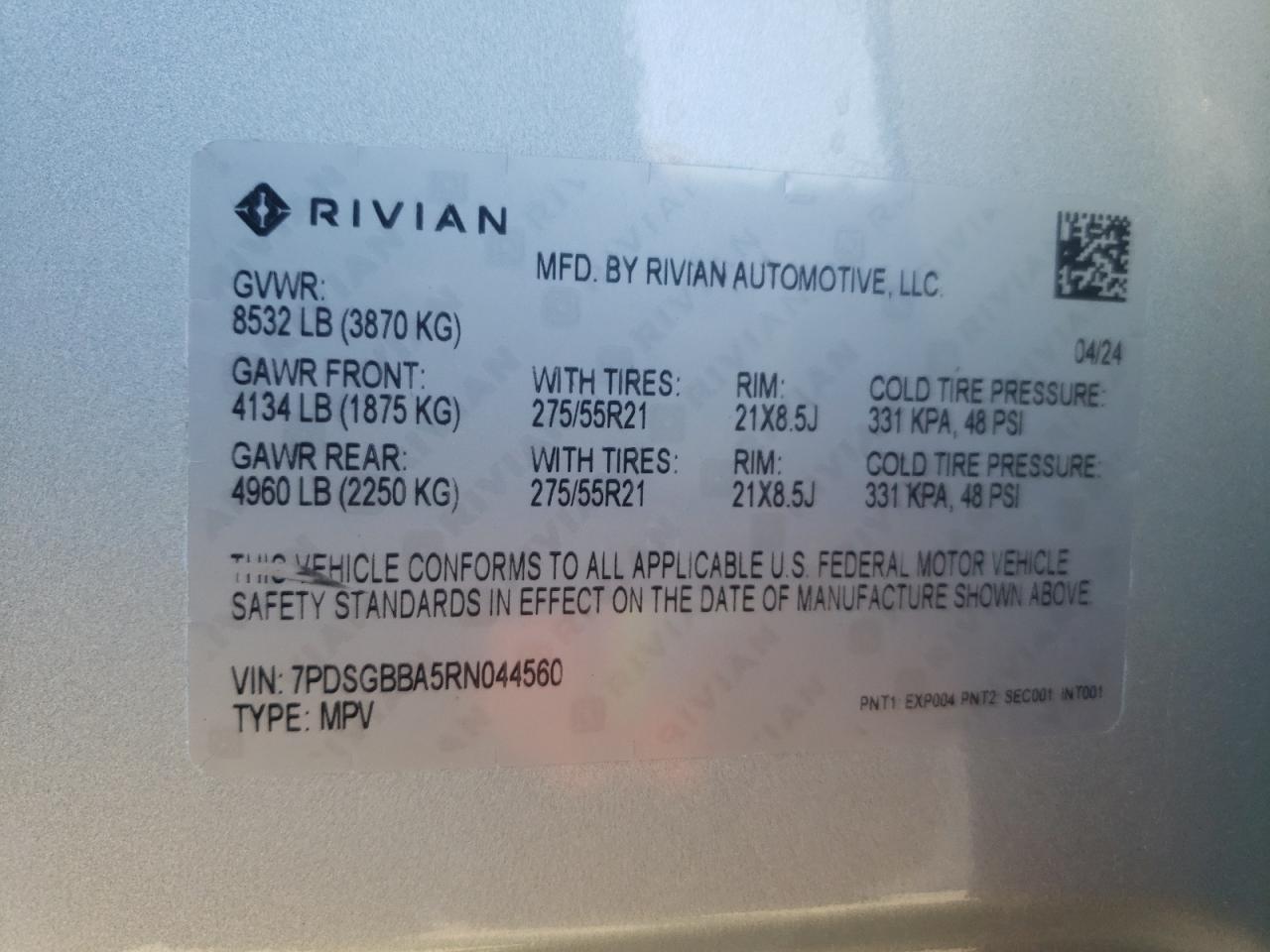 2024 Rivian R1S Adventure VIN: 7PDSGBBA5RN044560 Lot: 70594924