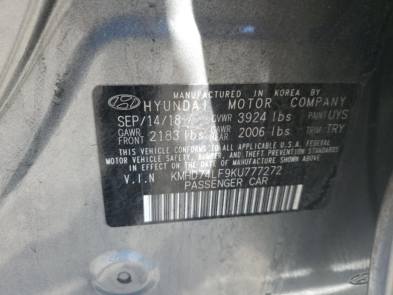 KMHD74LF9KU777272 2019 Hyundai Elantra Se