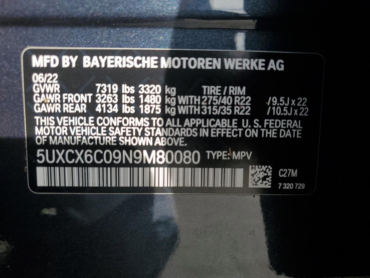 2022 BMW X7 M50I VIN: 5UXCX6C09N9M80080 Lot: 73699324