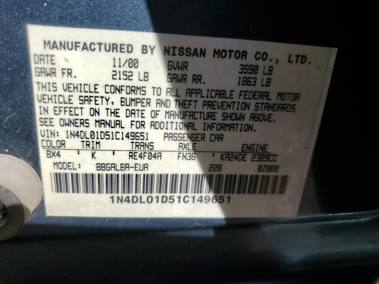 1N4DL01D51C149651 2001 Nissan Altima Xe