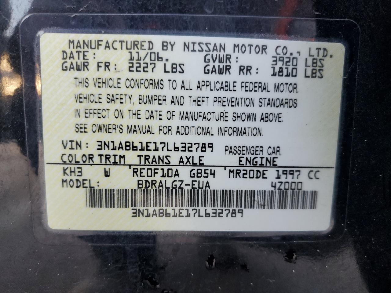 3N1AB61E17L632789 2007 Nissan Sentra 2.0