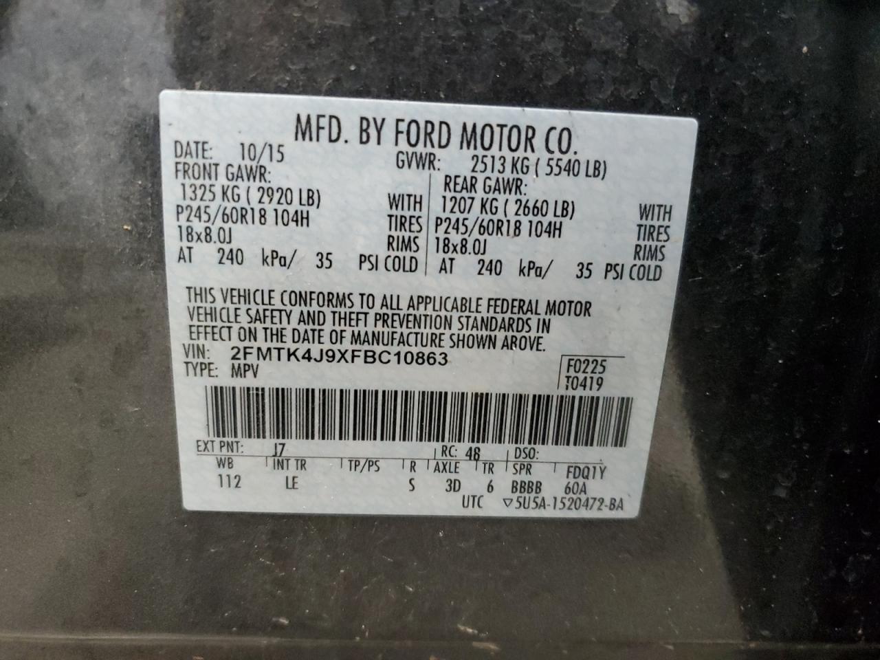 2FMTK4J9XFBC10863 2015 Ford Edge Sel