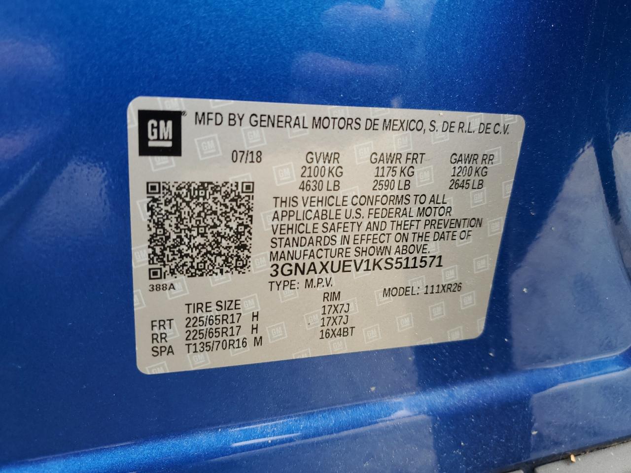 3GNAXUEV1KS511571 2019 Chevrolet Equinox Lt